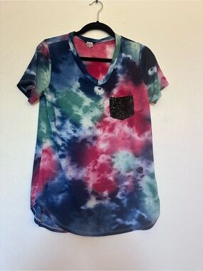 HEIMISH USA Pink and Blue Ombre V-Neck Top with Black Sequin Detail